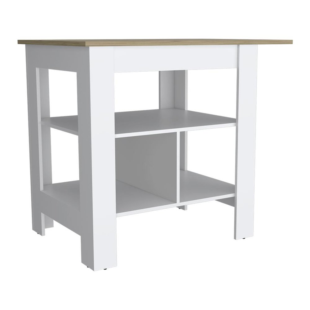 35" Natural and White Wood Kitchen Island With Storage. Kitchen cart isolated on a plain white background, finished in white wood.