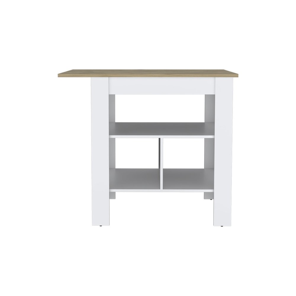 35" Natural and White Wood Kitchen Island With Storage. Kitchen cart isolated on a plain white background, finished in white wood.