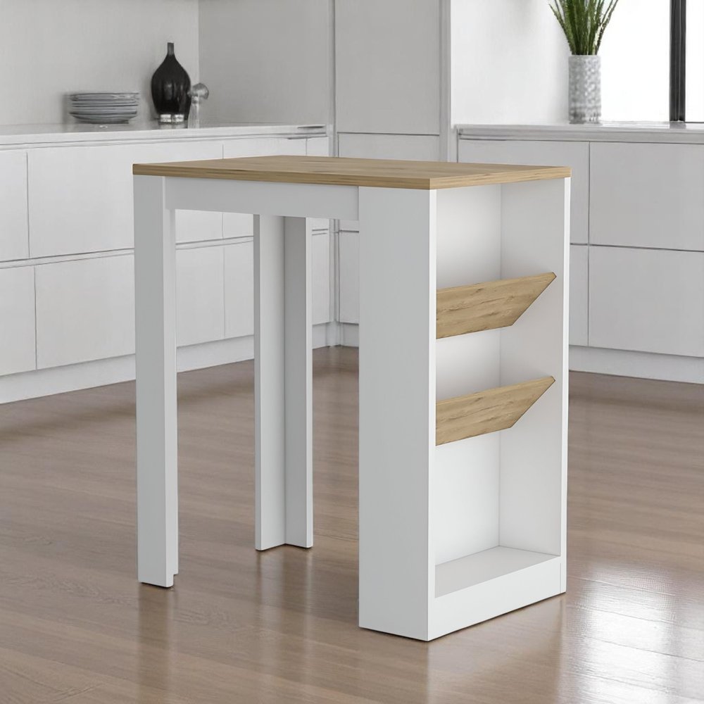 36" Natural and White Wood Kitchen Island With Storage styled in a furnished interior with a light gray wall on a wood floor.