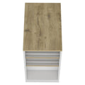 36" Natural and White Wood Kitchen Island With Storage. Kitchen cart isolated on a plain white background, showing a tan wood surface.