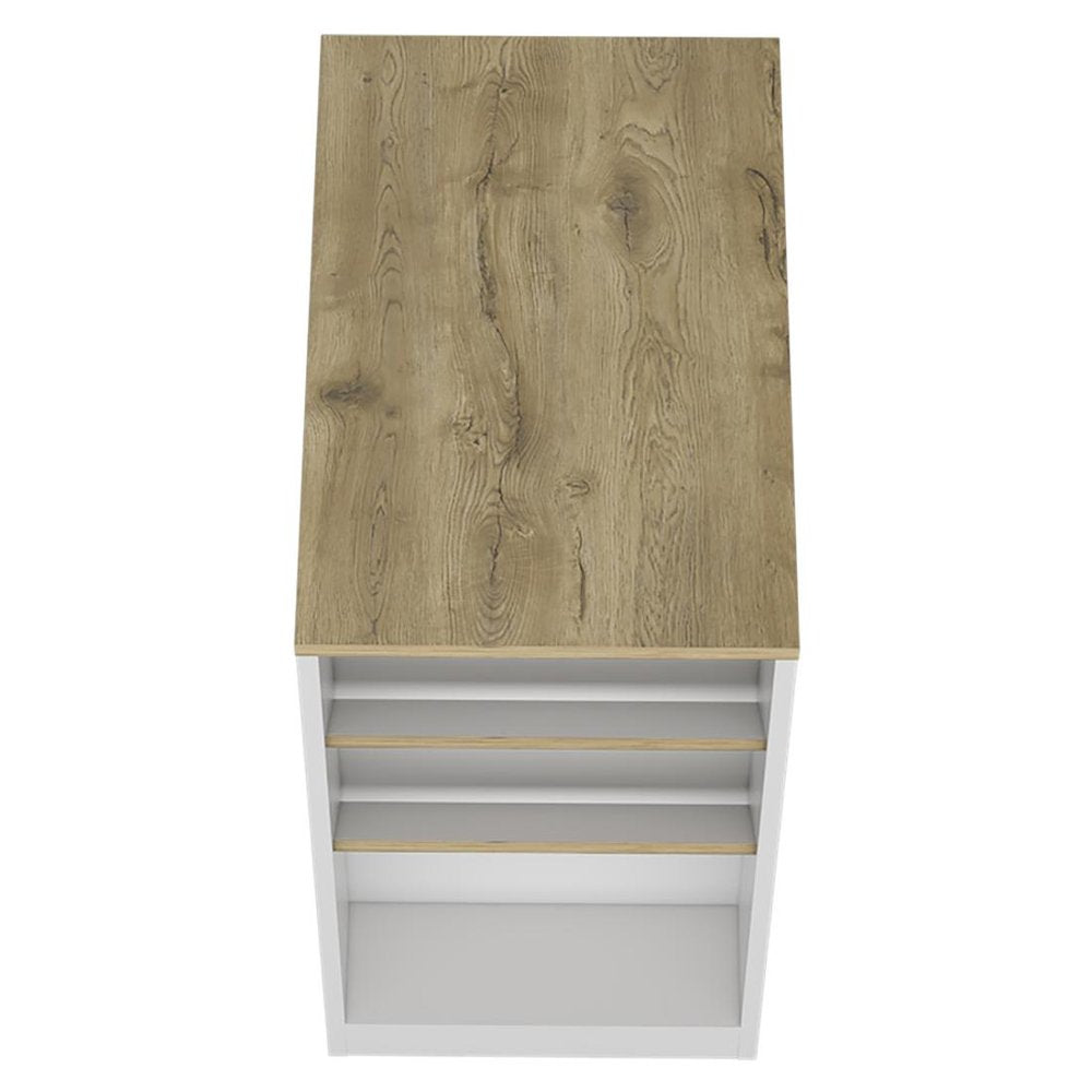36" Natural and White Wood Kitchen Island With Storage. Kitchen cart isolated on a plain white background, showing a tan wood surface.