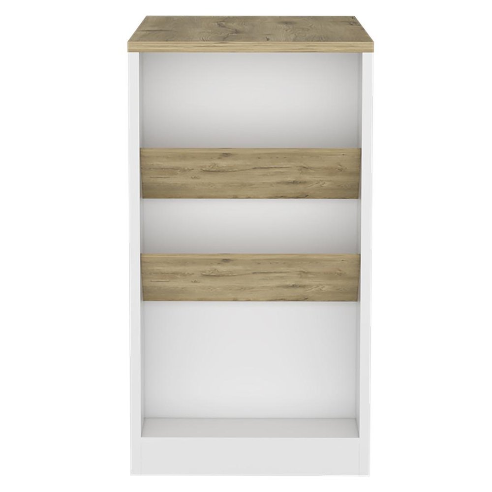 36" Natural and White Wood Kitchen Island With Storage. Kitchen cart isolated on a plain white background, in a white wood finish.
