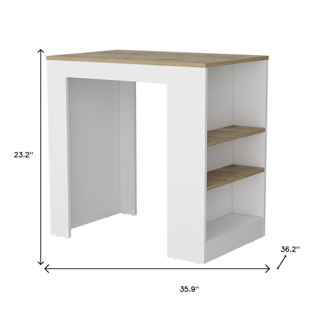 36" Oak and White Wood Kitchen Island With Storage. Kitchen cart isolated on a plain white background, finished in beige wood.