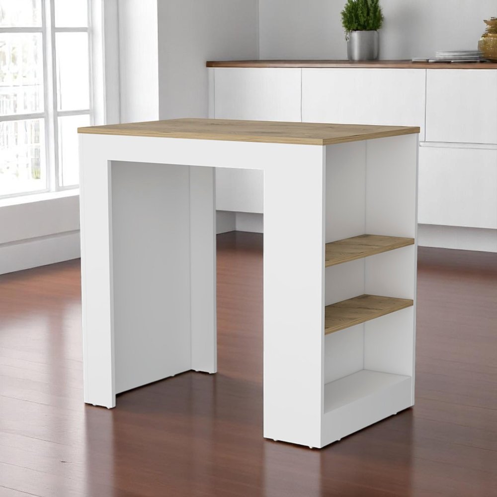 36" Oak and White Wood Kitchen Island With Storage. Kitchen cart in beige wood.