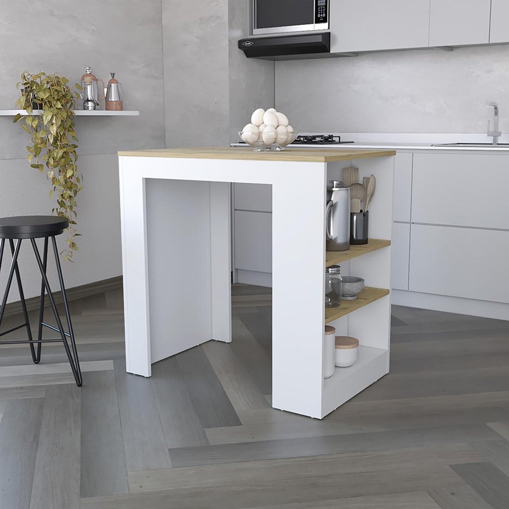 White and oak wood kitchen island with shelves and a bowl of eggs on top, shown in a modern kitchen.