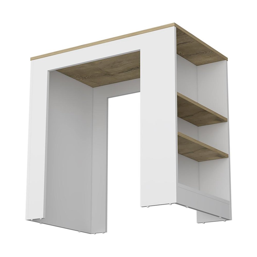 36" Oak and White Wood Kitchen Island With Storage. Kitchen cart isolated on a plain white background, showing a beige wood surface.