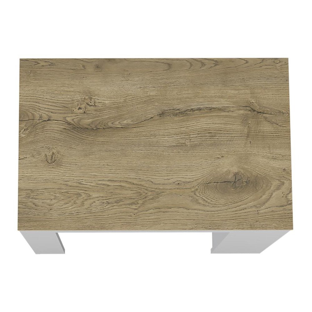 36" Oak and White Wood Kitchen Island With Storage. Kitchen cart isolated on a plain white background, finished in beige wood.