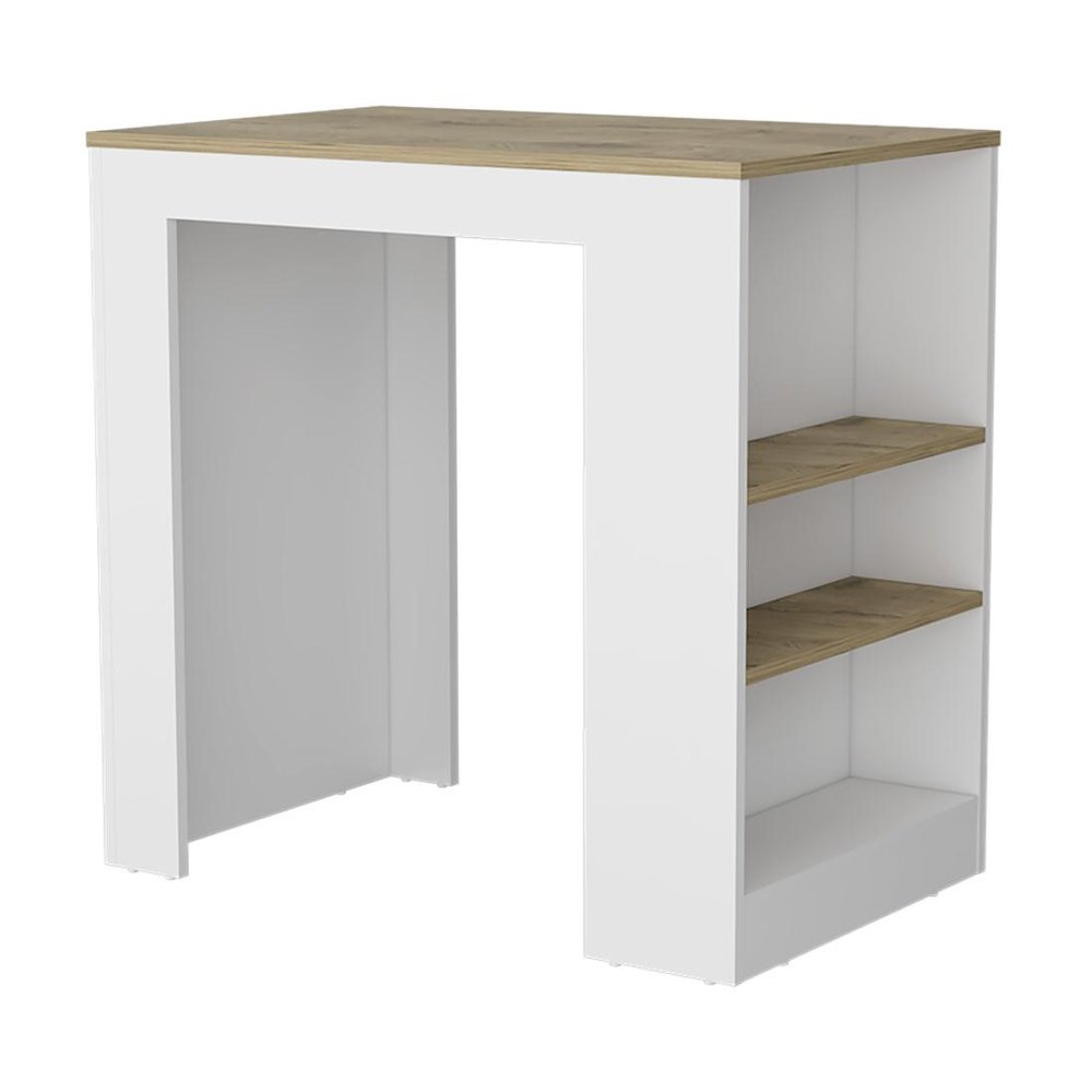 36" Oak and White Wood Kitchen Island With Storage. Kitchen cart isolated on a plain white background, in a beige wood finish.