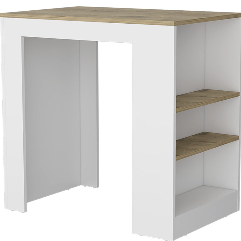 36" Oak and White Wood Kitchen Island With Storage. Kitchen cart isolated on a plain white background, in a beige wood finish.