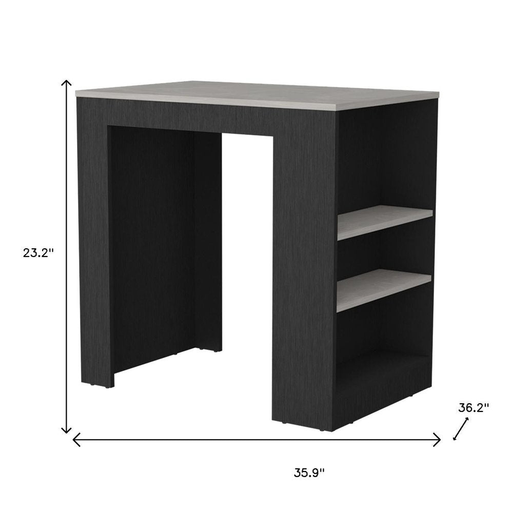 36" Gray and Black Faux Marble and Wood Kitchen Island With Storage. Kitchen cart isolated on a plain white background, showing a black wood surface.