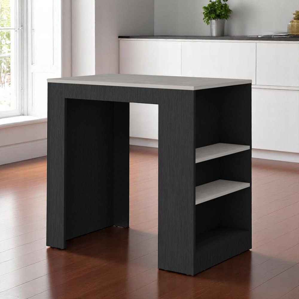 36" Gray and Black Faux Marble and Wood Kitchen Island With Storage. Kitchen cart in black wood.
