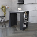 36" Gray and Black Faux Marble and Wood Kitchen Island With Storage styled in a furnished interior with a light gray wall on a tiled floor.