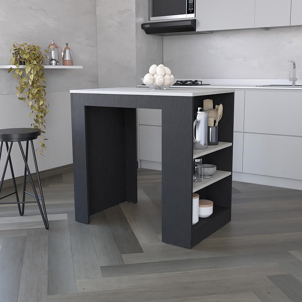 36" Gray and Black Faux Marble and Wood Kitchen Island With Storage styled in a furnished interior with a light gray wall on a tiled floor.