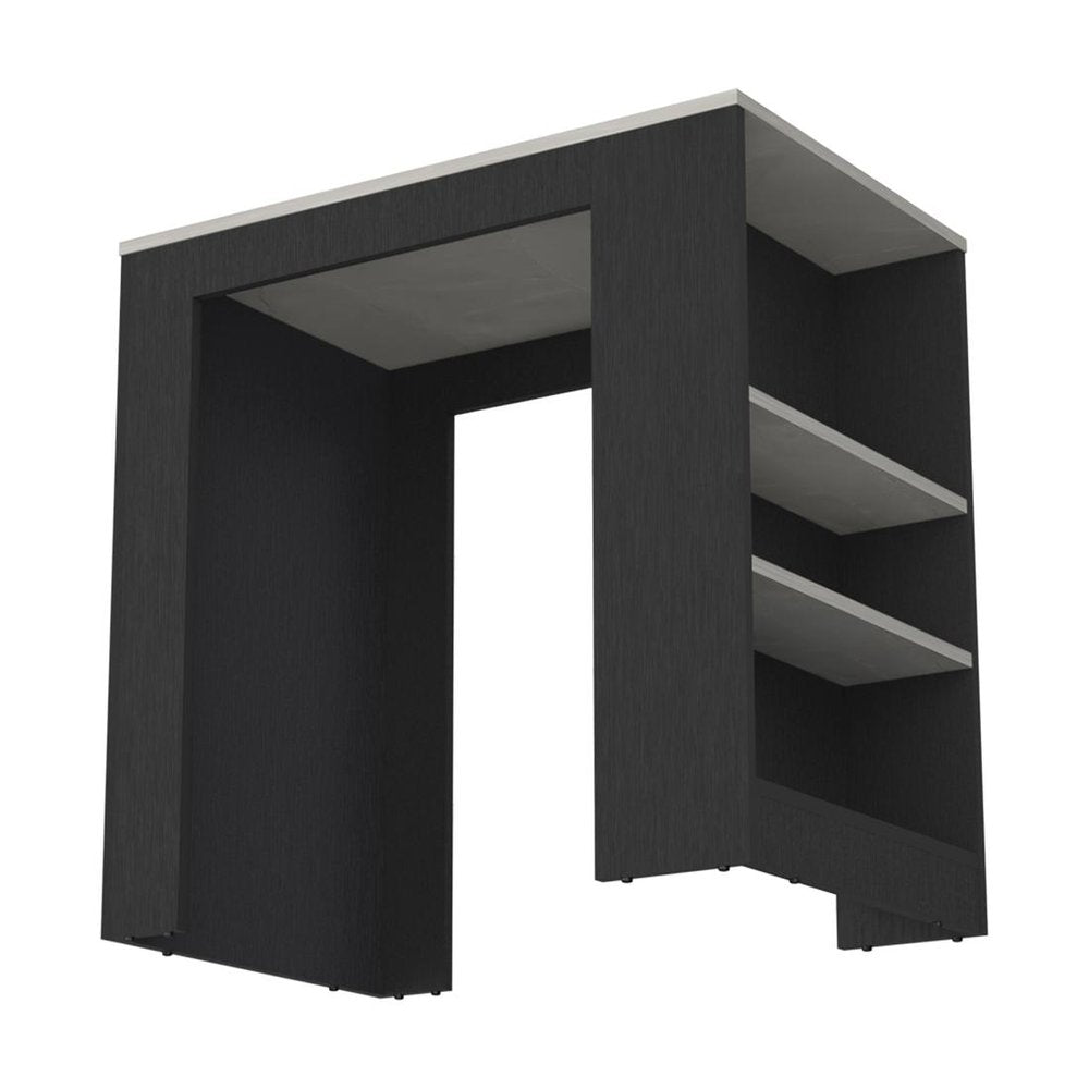 36" Gray and Black Faux Marble and Wood Kitchen Island With Storage. Kitchen cart isolated on a plain white background, finished in black wood.