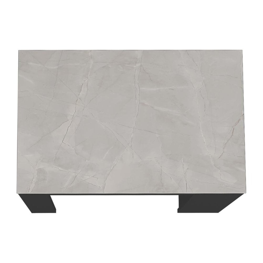 36" Gray and Black Faux Marble and Wood Kitchen Island With Storage. Kitchen cart isolated on a plain white background, showing a black wood surface.