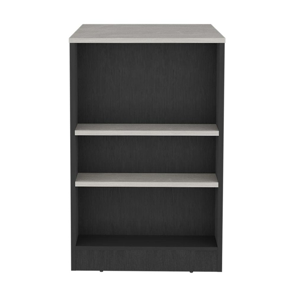 36" Gray and Black Faux Marble and Wood Kitchen Island With Storage. Kitchen cart isolated on a plain white background, in a black wood finish.