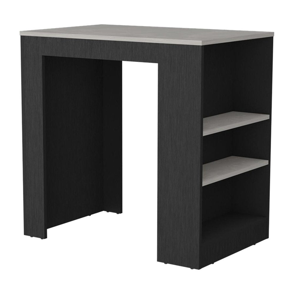 36" Gray and Black Faux Marble and Wood Kitchen Island With Storage. Kitchen cart isolated on a plain white background, showing a black wood surface.