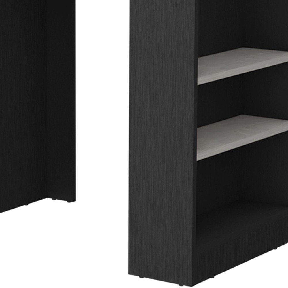 36" Gray and Black Faux Marble and Wood Kitchen Island With Storage photographed against a dark studio background in black.