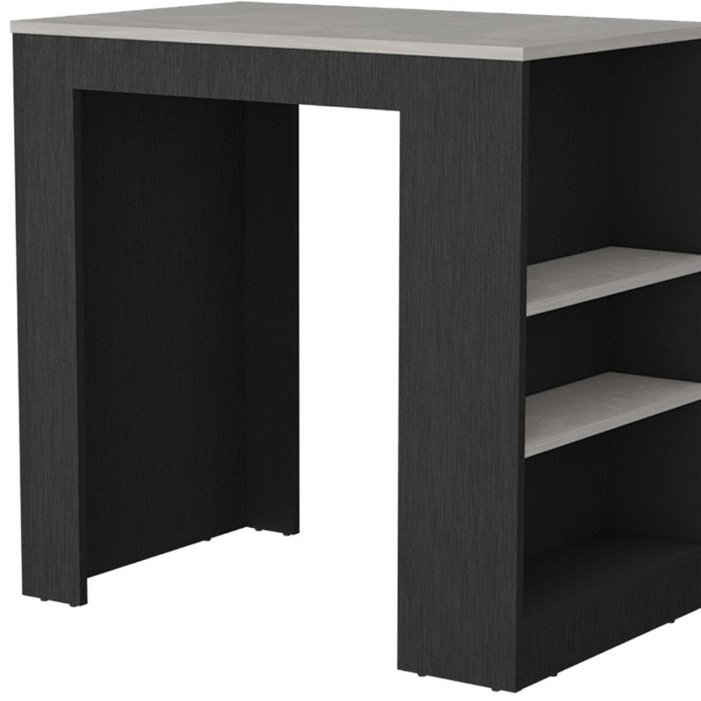 36" Gray and Black Faux Marble and Wood Kitchen Island With Storage. Kitchen cart in black wood.