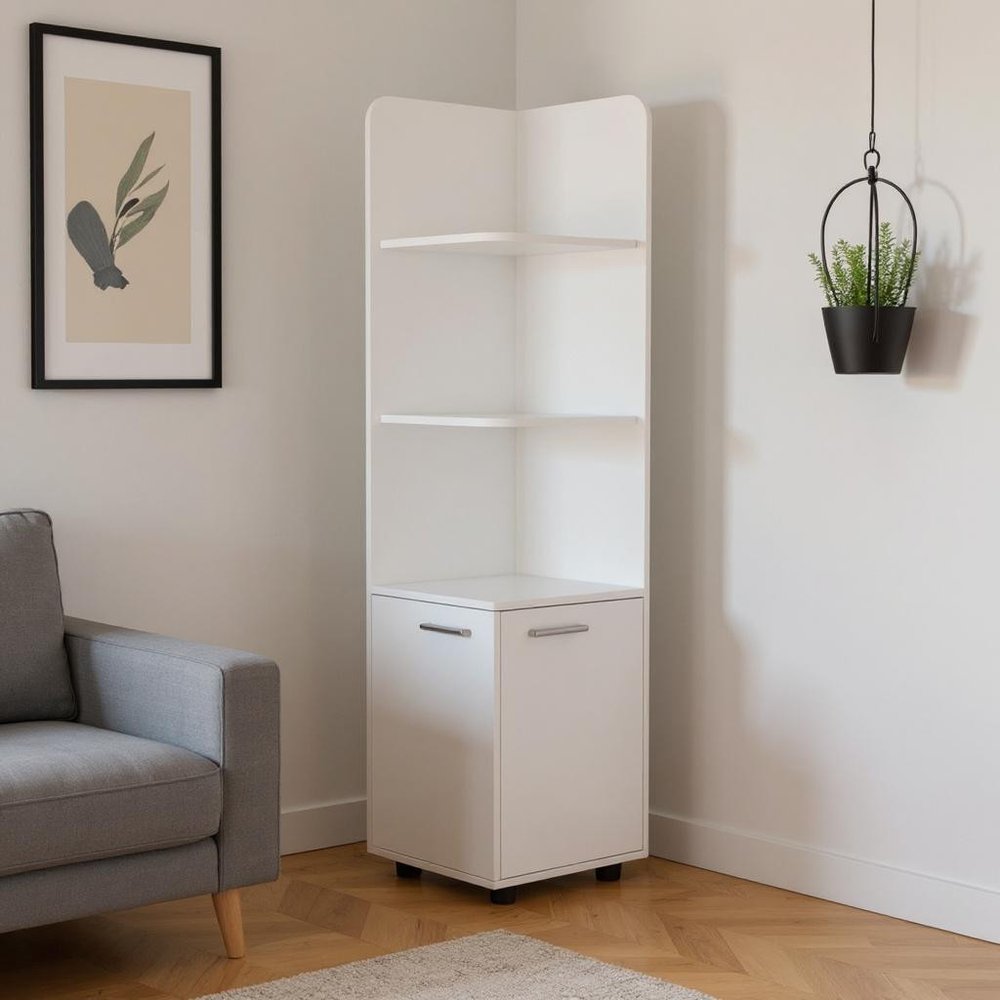 62" White Wood Corner Utility Cabinet With Two Doors styled in a furnished interior with a tan wall on a wood floor.