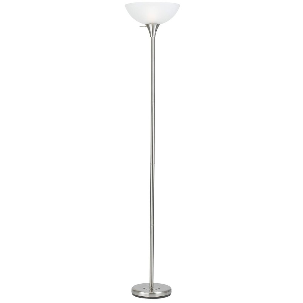 70" Nickel Metal Torchiere Floor Lamp With White Glass Dome Shade on a white background