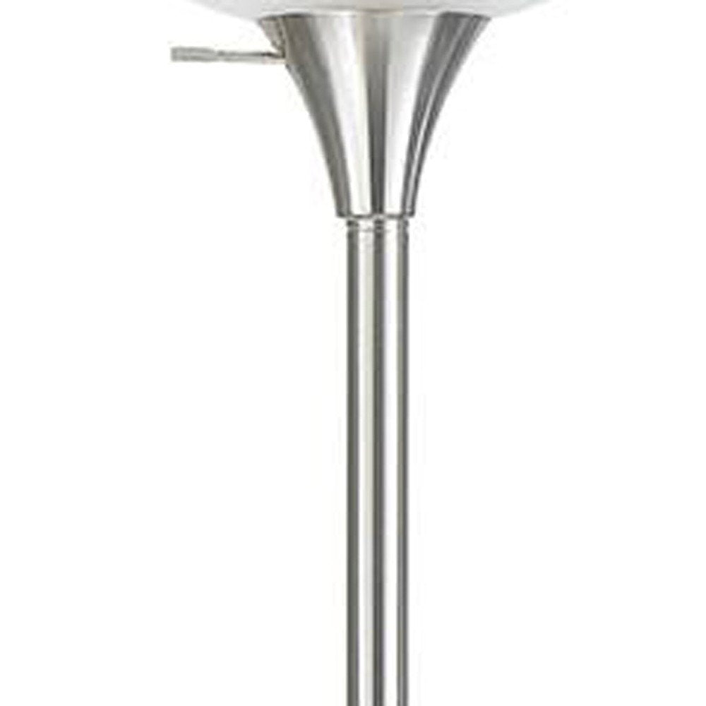 70" Nickel Metal Torchiere Floor Lamp With White Glass Dome Shade on a white background