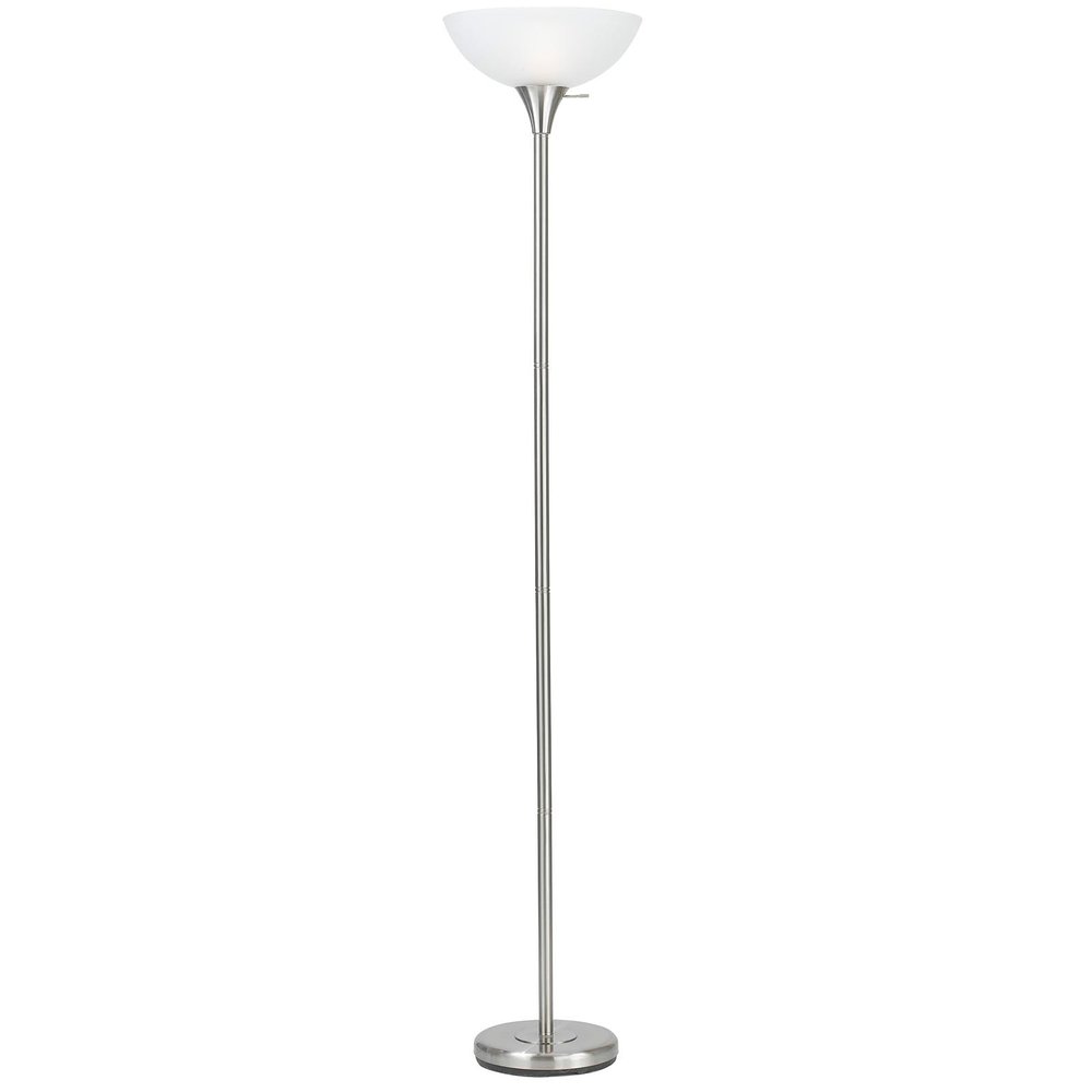 70" Nickel Metal Torchiere Floor Lamp With White Glass Dome Shade on a white background