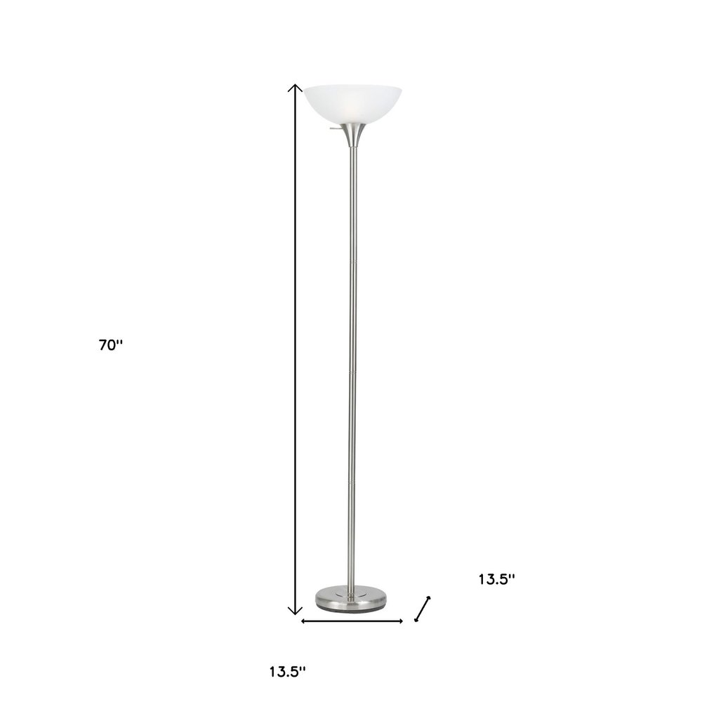 70" Nickel Metal Torchiere Floor Lamp With White Glass Dome Shade on a white background