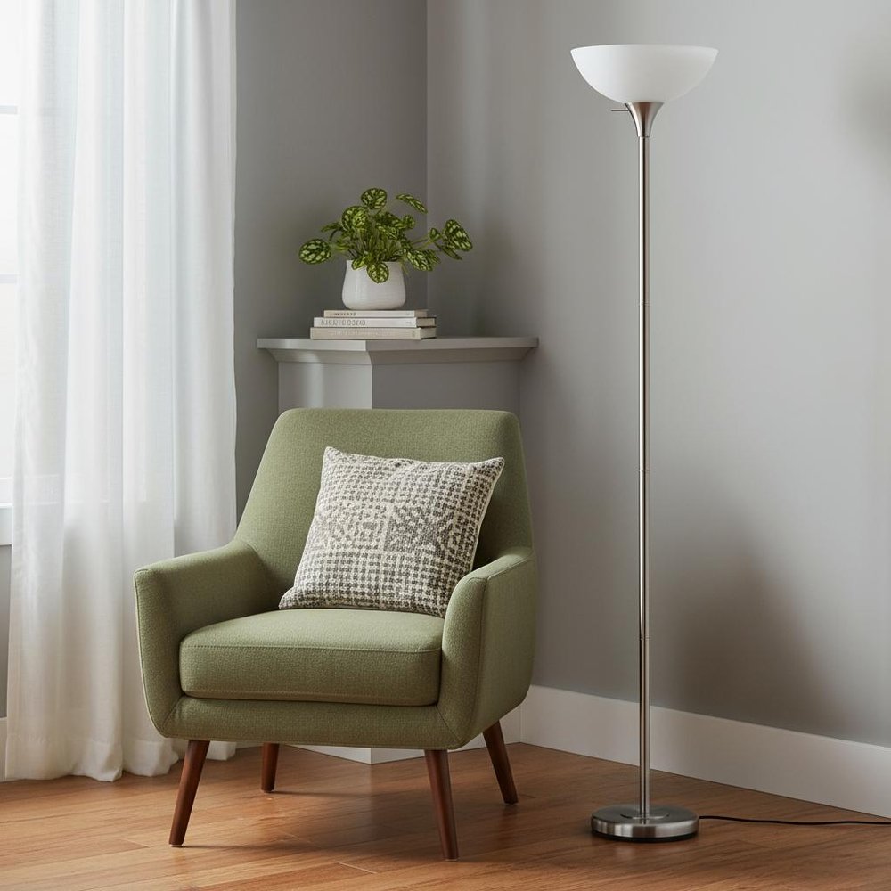 70" Nickel Metal Torchiere Floor Lamp With White Glass Dome Shade in a home interior