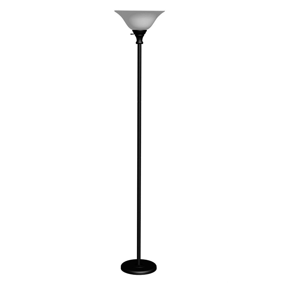 71" Black Torchiere Floor Lamp With Black Glass Dome Shade on a white background