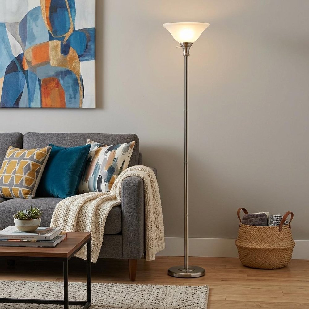 71" Nickel Torchiere Floor Lamp With Clear Frosted Glass Dome Shade in a home interior