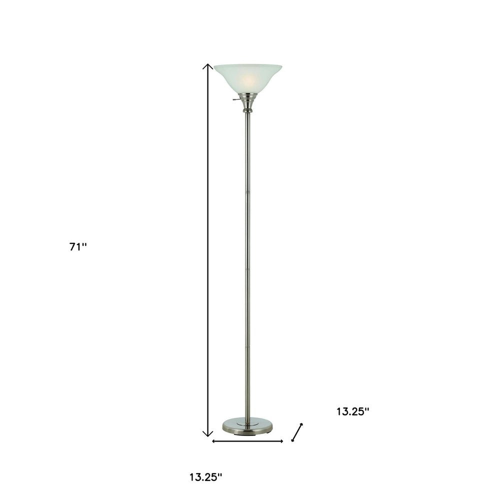 71" Nickel Torchiere Floor Lamp With Clear Frosted Glass Dome Shade on a white background