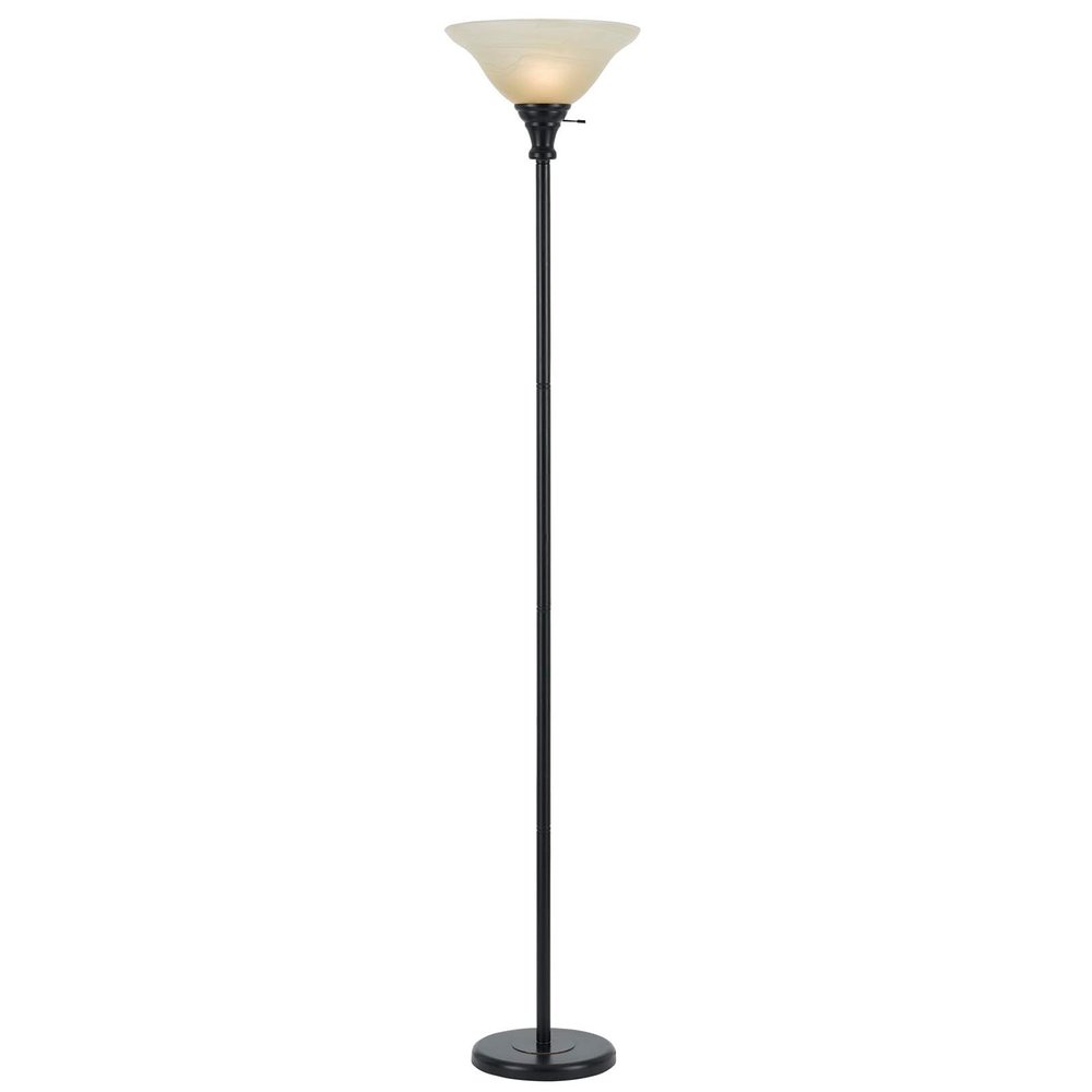 71" Bronze Torchiere Floor Lamp With Beige Frosted Glass Dome Shade on a white background