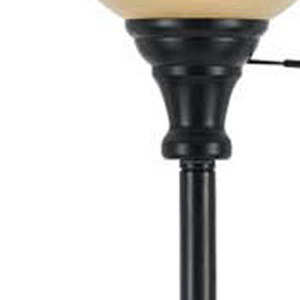 71" Bronze Torchiere Floor Lamp With Beige Frosted Glass Dome Shade on a white background