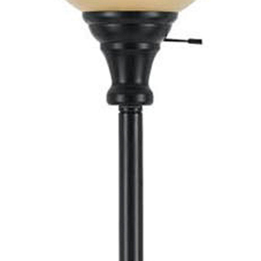 71" Bronze Torchiere Floor Lamp With Beige Frosted Glass Dome Shade on a white background