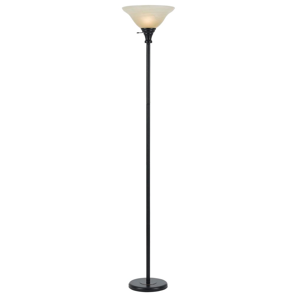 71" Bronze Torchiere Floor Lamp With Beige Frosted Glass Dome Shade on a white background