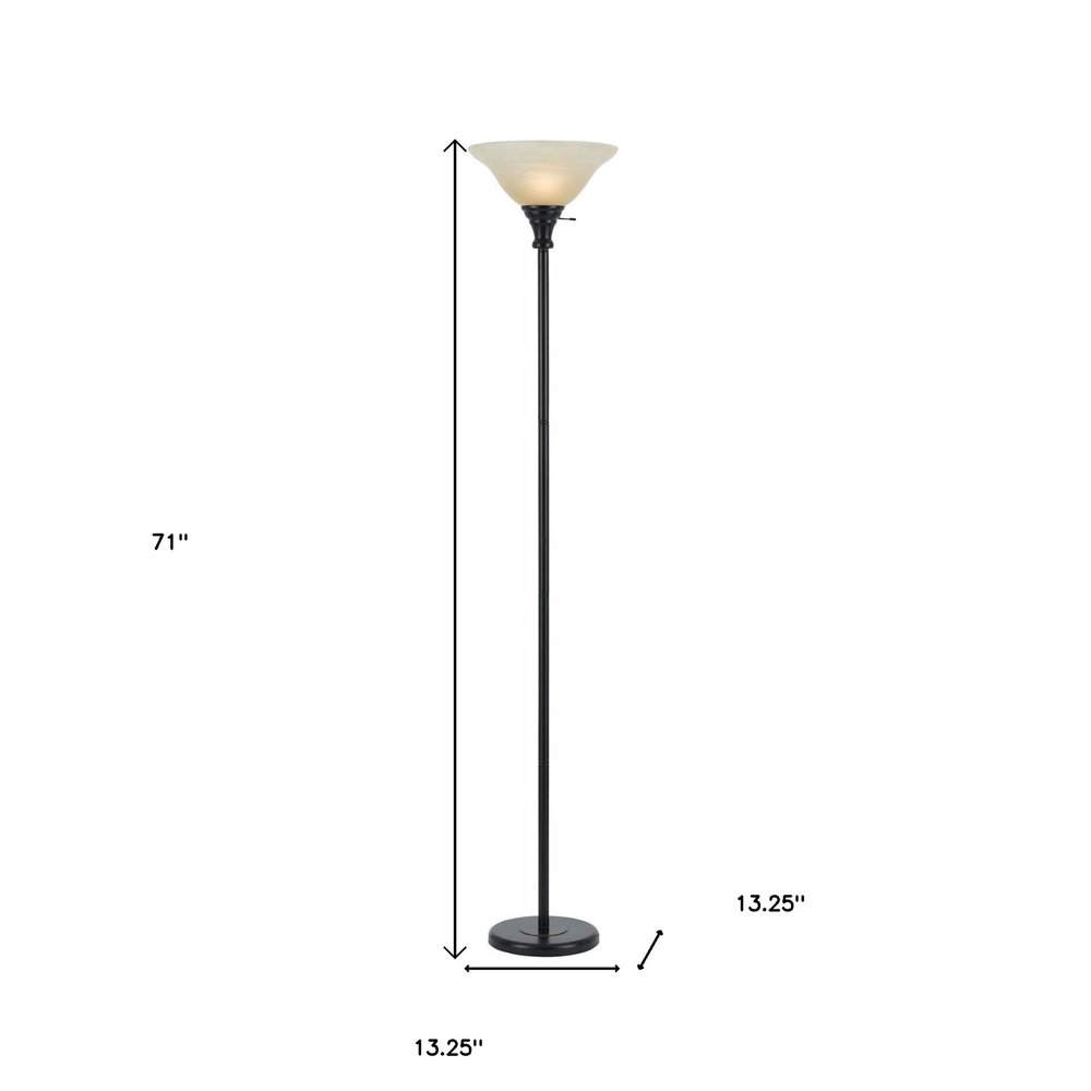 71" Bronze Torchiere Floor Lamp With Beige Frosted Glass Dome Shade on a white background