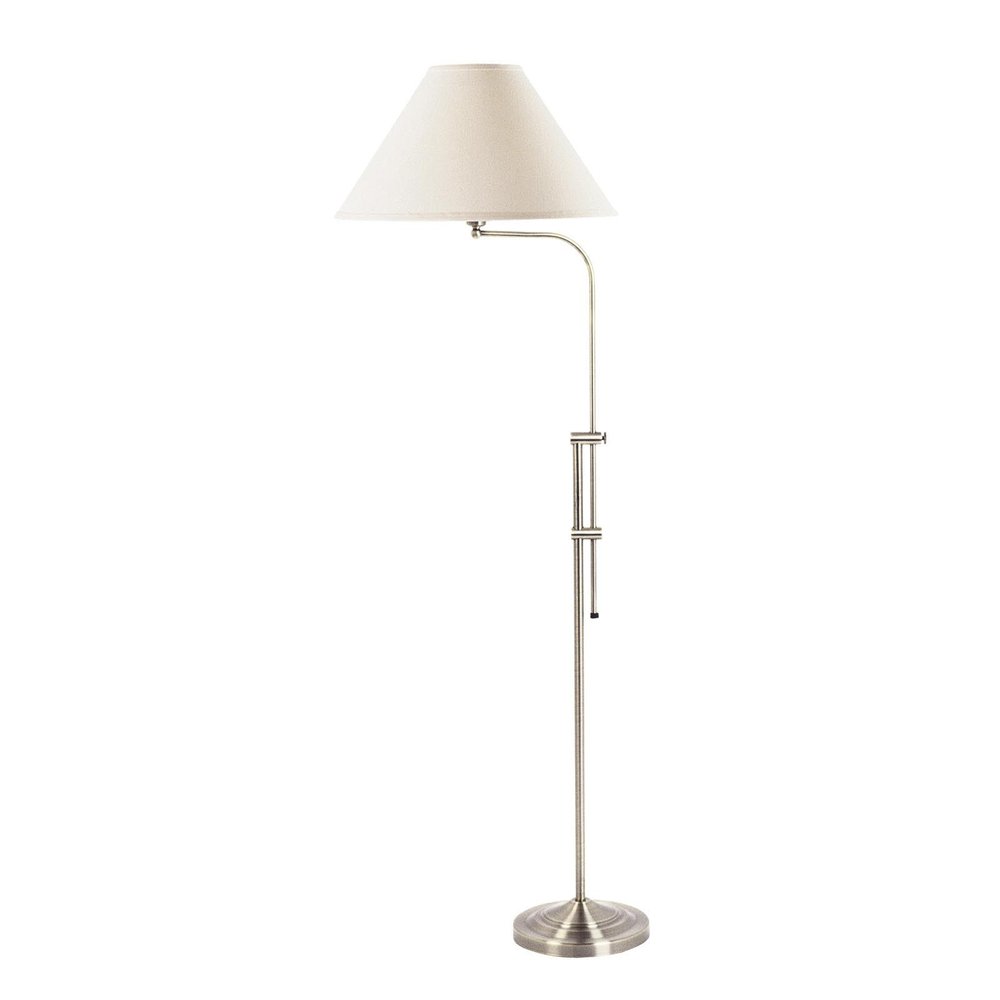 68" Nickel Adjustable Floor Lamp With White Fabric Empire Shade. Floor lamp isolated on a plain white background, in a white metal finish.