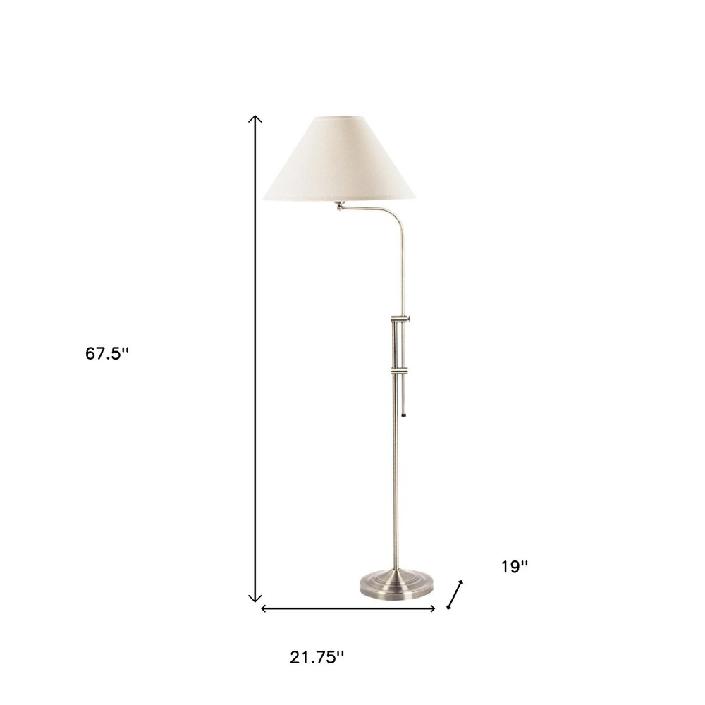 68" Nickel Adjustable Floor Lamp With White Fabric Empire Shade. Floor lamp isolated on a plain white background, in a silver metal finish.