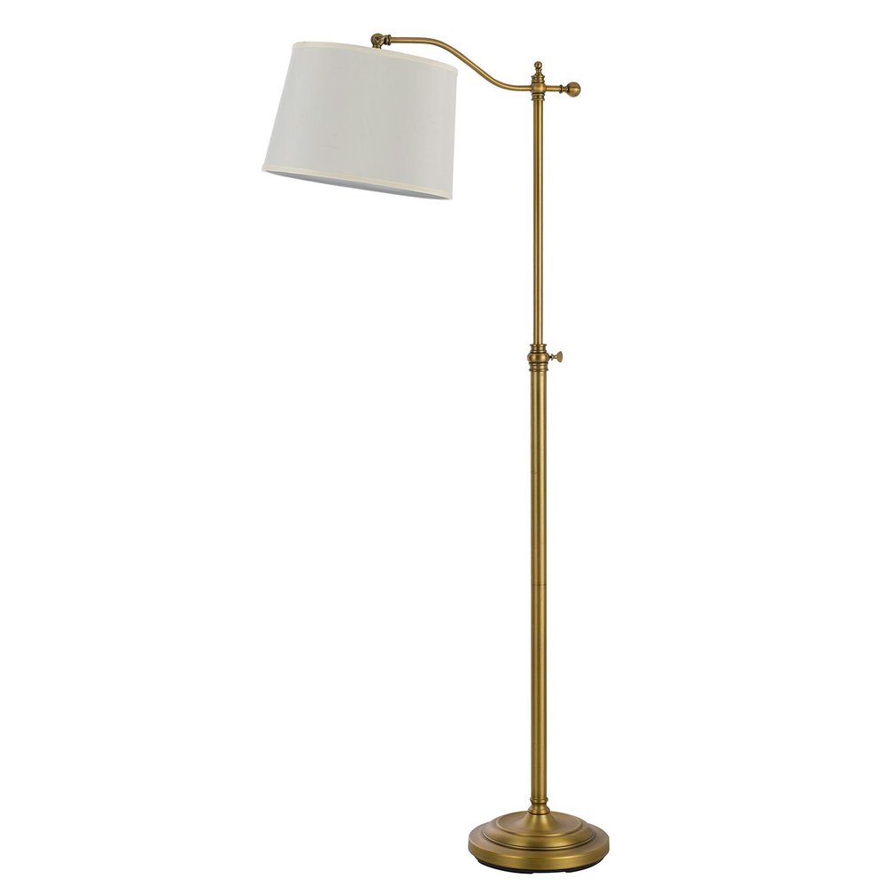 63" Bronze Adjustable Height Swing Arm Floor Lamp With White Fabric Shade. Floor lamp isolated on a plain white background, showing a white metal surface.