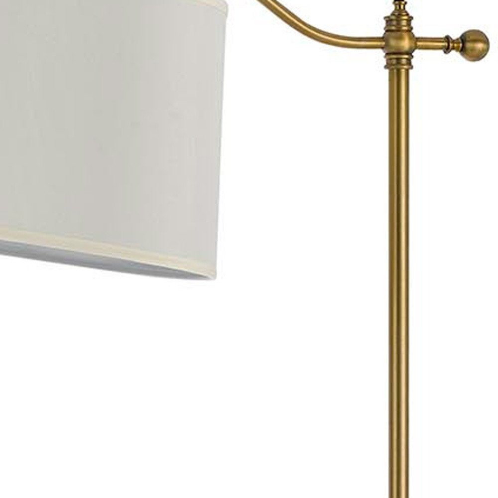 63" Bronze Adjustable Height Swing Arm Floor Lamp With White Fabric Shade. Floor lamp isolated on a plain white background, in a bronze metal finish.
