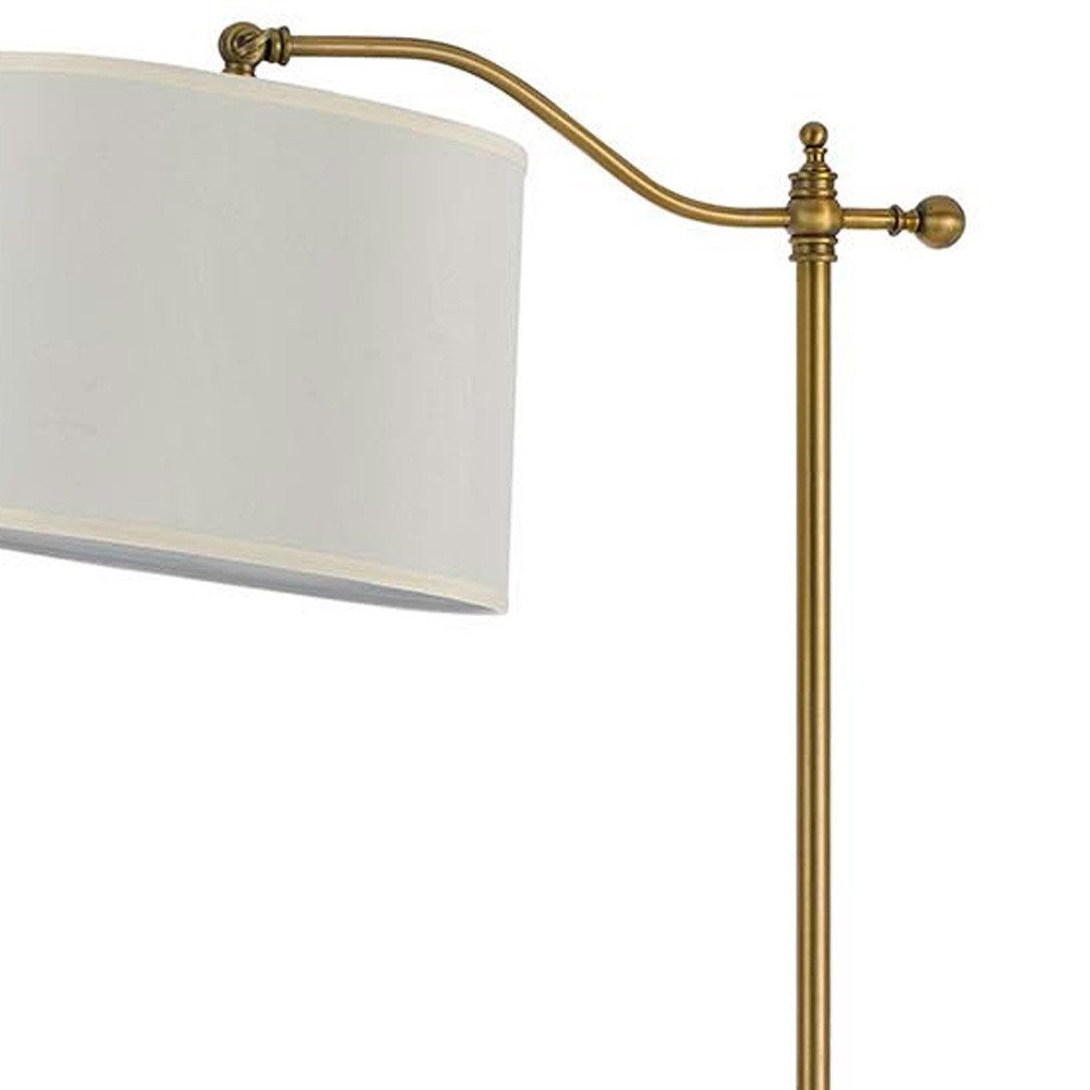 63" Bronze Adjustable Height Swing Arm Floor Lamp With White Fabric Shade. Floor lamp isolated on a plain white background, finished in white metal.