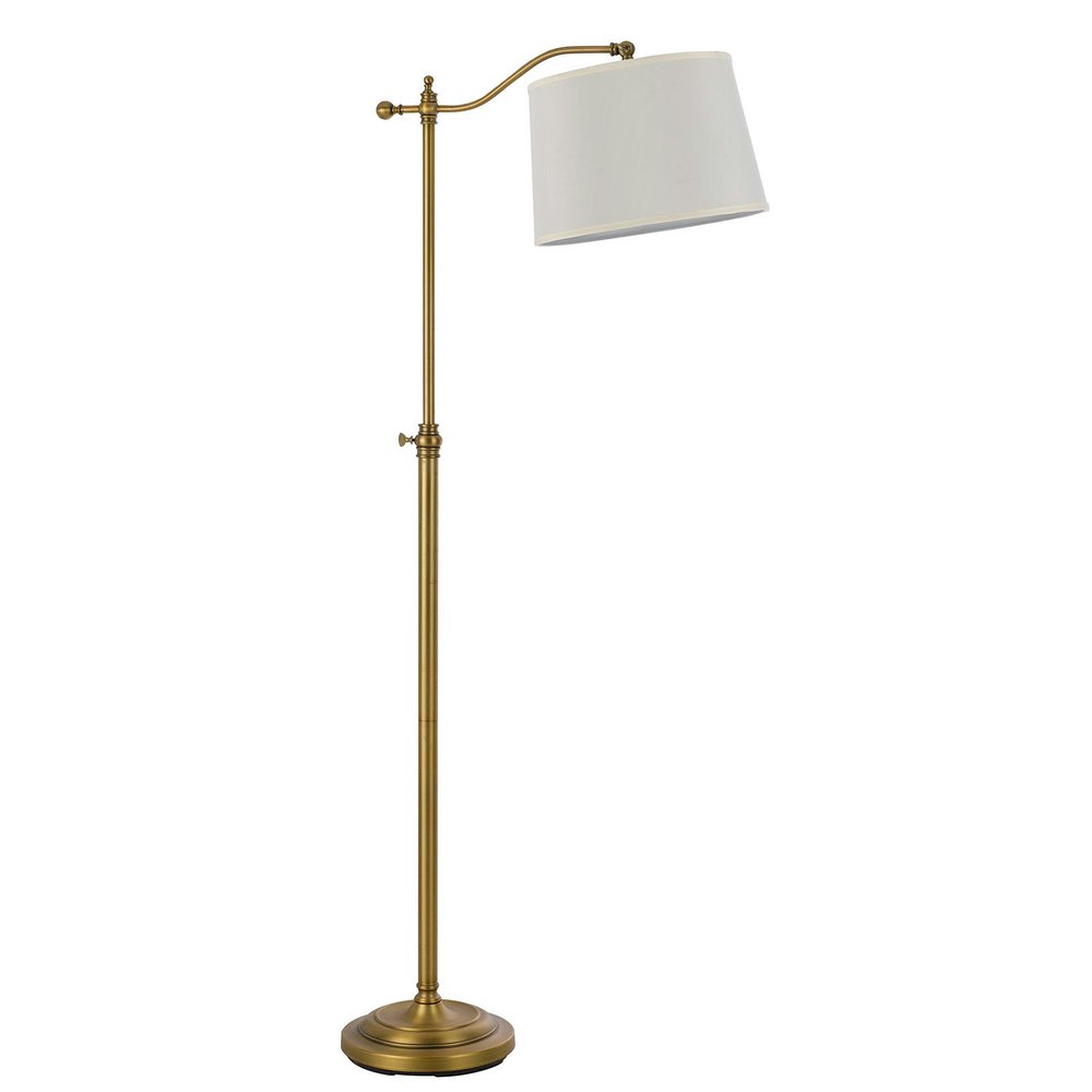 63" Bronze Adjustable Height Swing Arm Floor Lamp With White Fabric Shade. Floor lamp isolated on a plain white background, in a white metal finish.