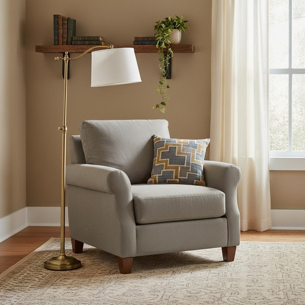 63" Bronze Adjustable Height Swing Arm Floor Lamp With White Fabric Shade standing in a furnished interior on a wood floor.