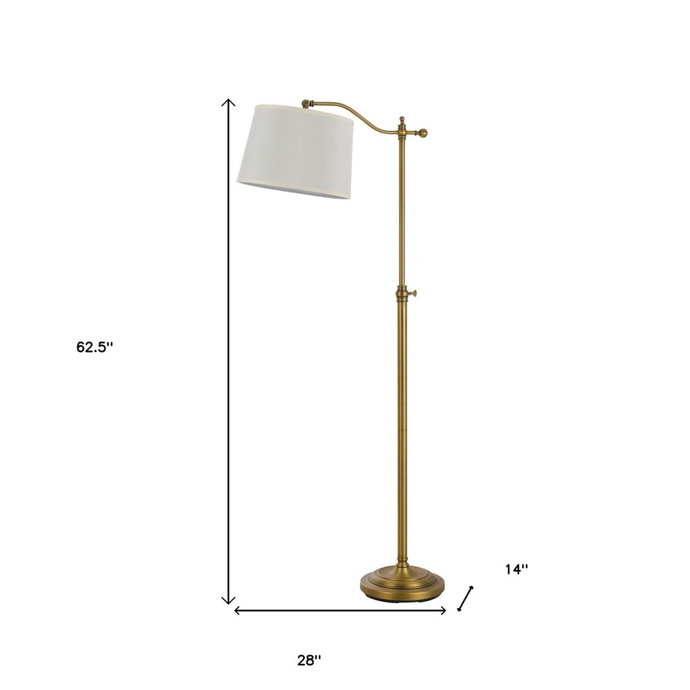 63" Bronze Adjustable Height Swing Arm Floor Lamp With White Fabric Shade. Floor lamp isolated on a plain white background, finished in white metal.