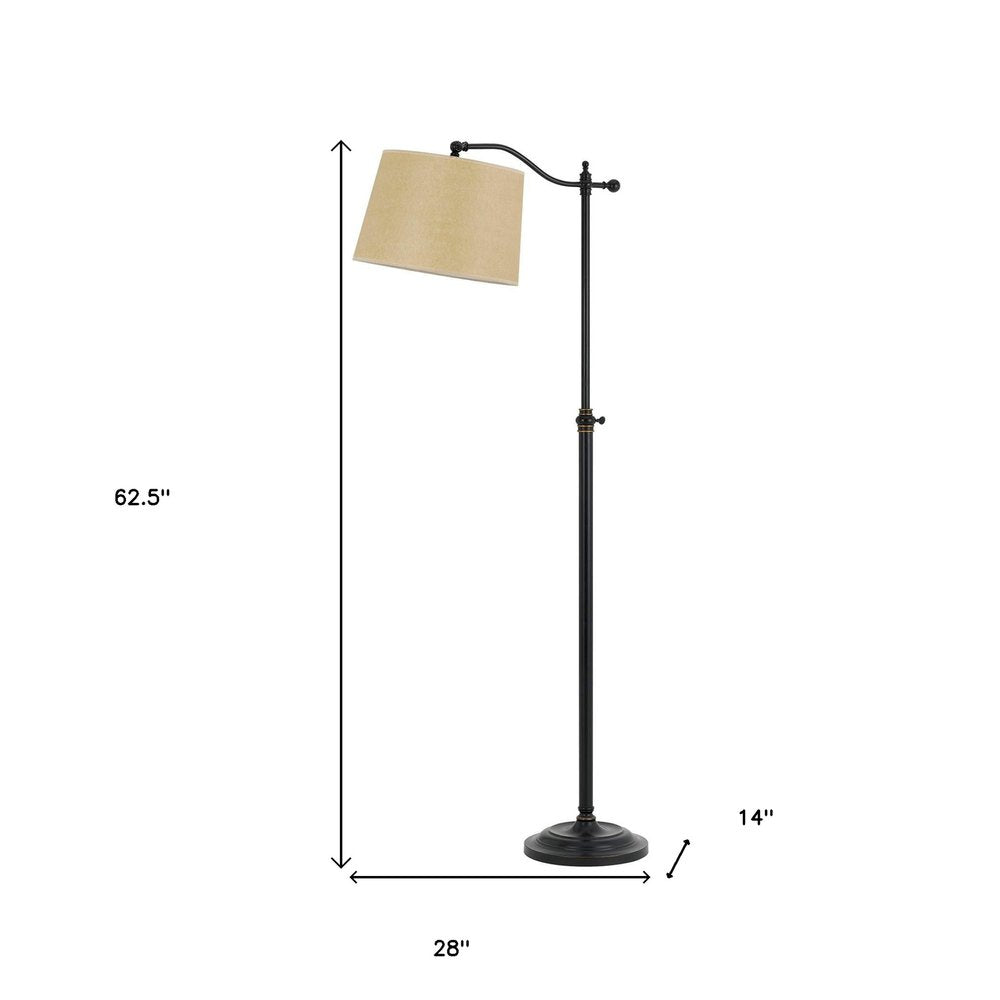 63" Bronze Metal Adjustable Floor Lamp With Tan Paper Square Shade. Floor lamp isolated on a plain white background, showing a metal surface.