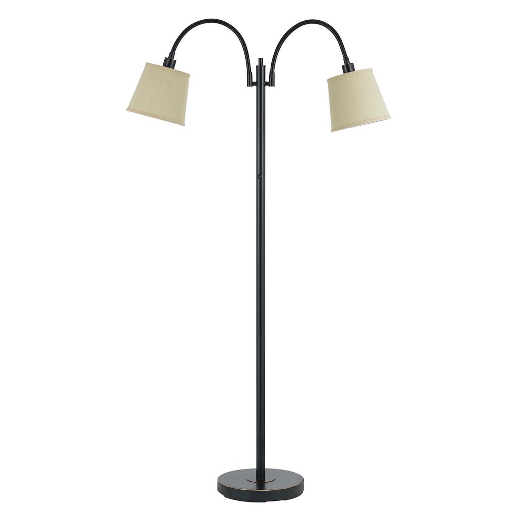 65" Bronze Two Light Traditional Shaped Floor Lamp With Tan Square Shade. Floor lamp isolated on a plain white background, showing a metal surface.