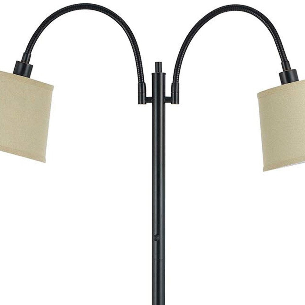 65" Bronze Two Light Traditional Shaped Floor Lamp With Tan Square Shade. Floor lamp isolated on a plain white background, showing a metal surface.