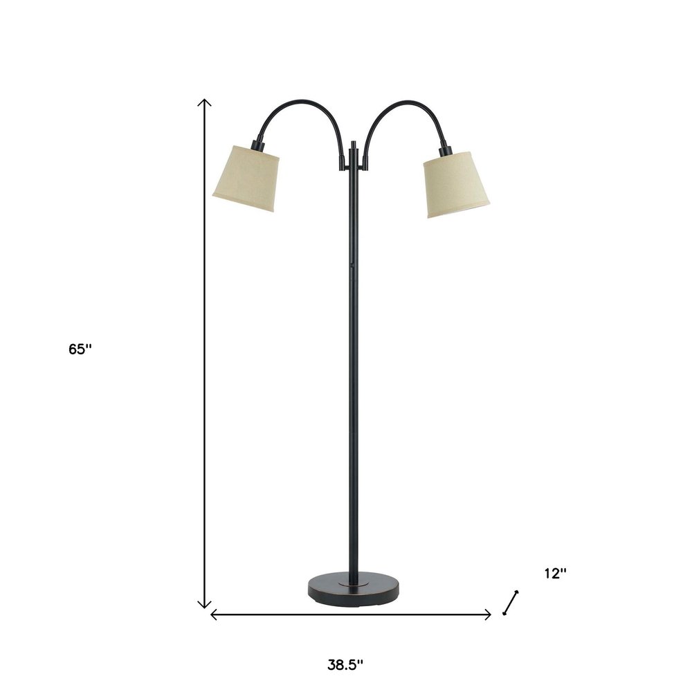 65" Bronze Two Light Traditional Shaped Floor Lamp With Tan Square Shade. Floor lamp isolated on a plain white background, showing a metal surface.