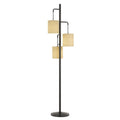 72" Bronze Three Light Traditional Shaped Floor Lamp With Beige Drum Shade on a white background
